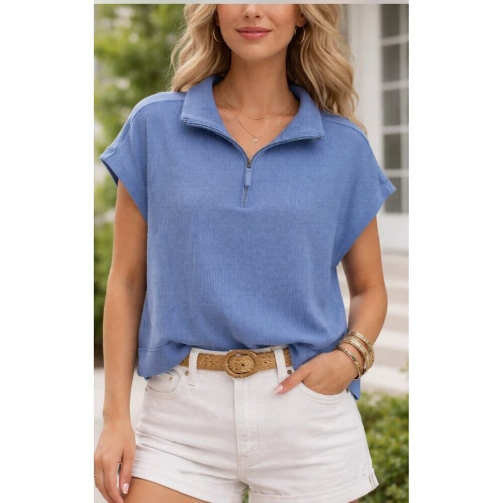 Sunnyside By Sundry Shirt Womens Xlarge Blue Waffle Knit Half Zip Cap Sleeve Top